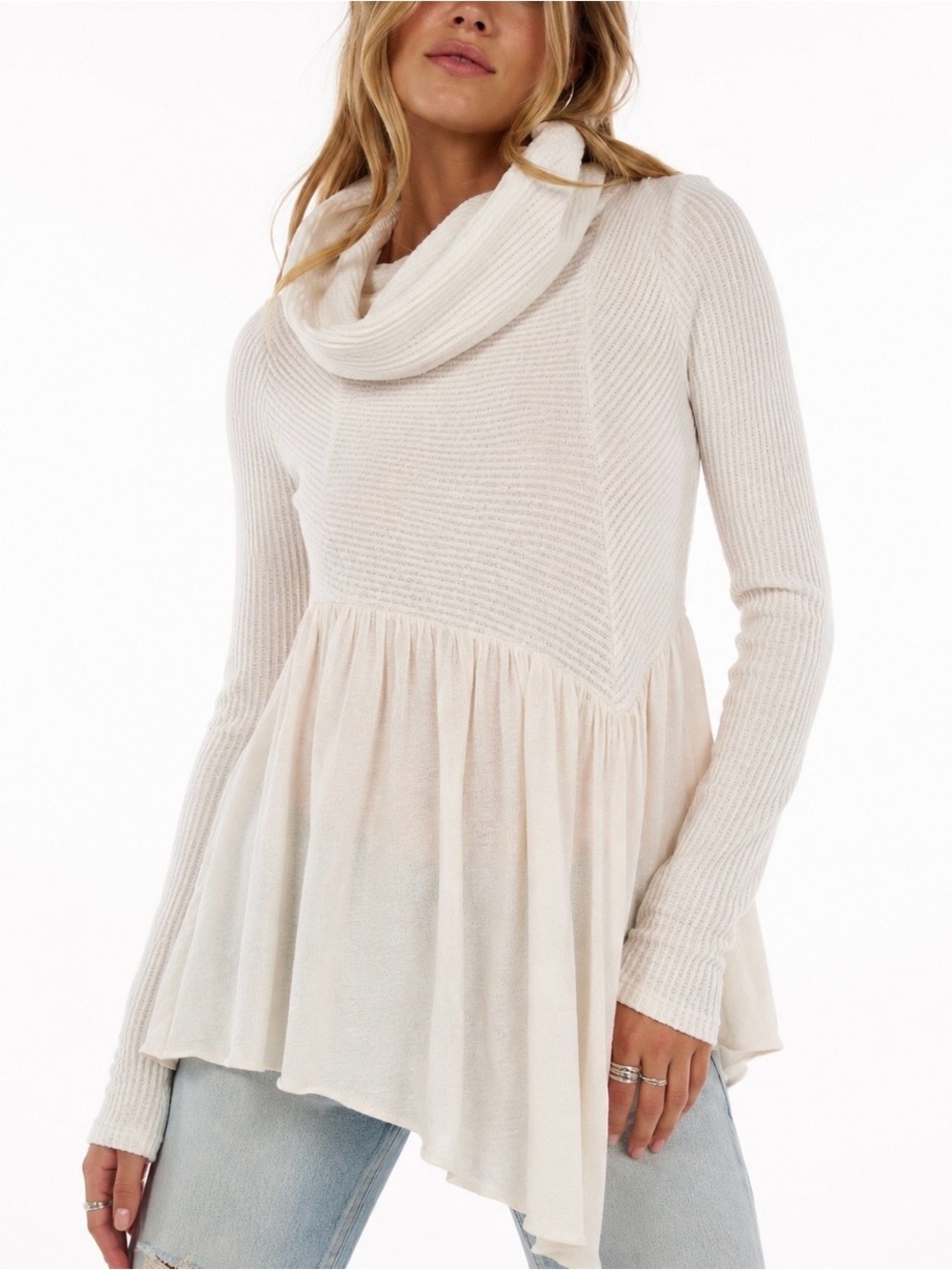 Free People Lily Cozy Long Sleeve Tunic Top Ivory Asymmetrical XS Linen Drape